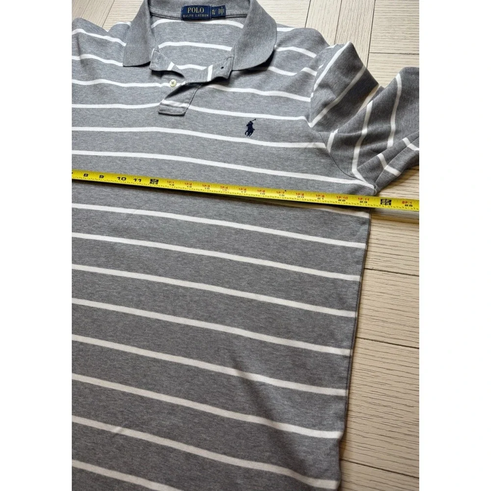 Polo by Ralph Lauren Mens Long Sleeve Gray‎ White Stripe Polo Shirt Navy Logo XL